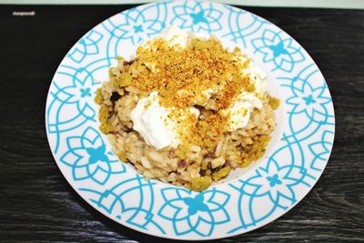 High angle view of breakfast in plate on table