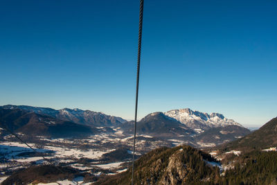 Scenic view of snowcapped mountains against clear blue sky