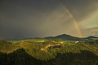 Scenic view of rainbow over mountains