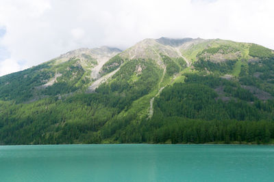 Scenic view of lake and mountains against sky