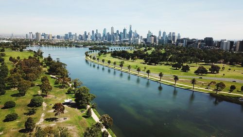 Panoramic view of river and buildings against sky