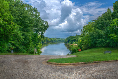 Scenic view of lake by trees against sky