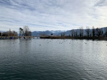 Scenic view of lake against sky during winter