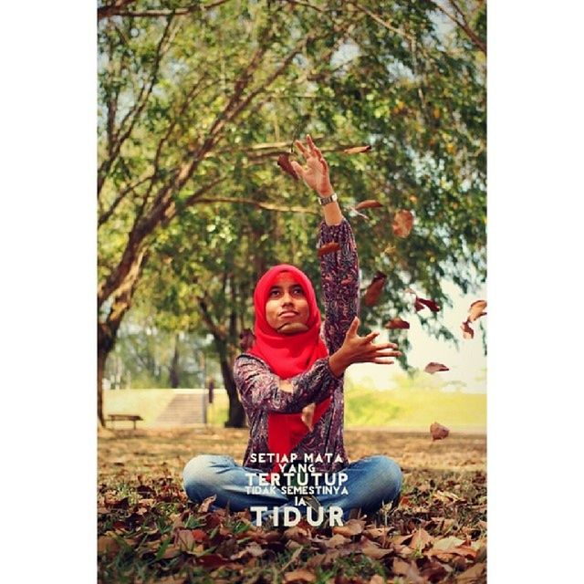transfer print, auto post production filter, tree, lifestyles, leisure activity, casual clothing, childhood, person, full length, park - man made space, day, standing, girls, elementary age, outdoors, forest, sitting, front view