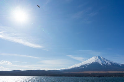 Scenic view of snowcapped mountains against blue sky