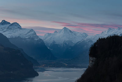 Scenic view of snowcapped mountains against sky during sunset