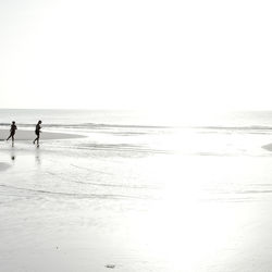 Silhouette people on shore at beach against sky