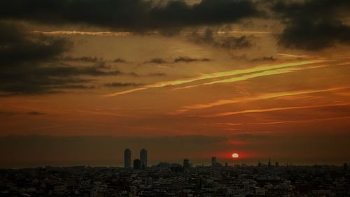 Scenic view of buildings against sky during sunset