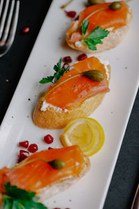 High angle view of dessert in plate on table