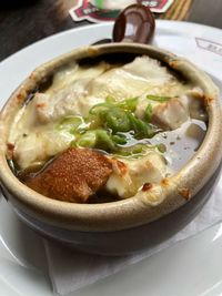 High angle view of soup in bowl on table