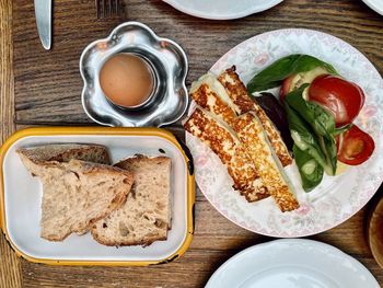 High angle view of breakfast served on table