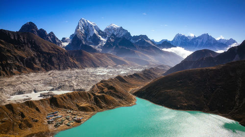 Scenic view of lake and mountains against blue sky