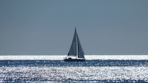 Sailboat sailing on sea against clear sky