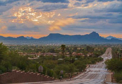 High angle view of townscape against sky during sunset