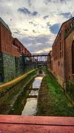 Bridge over canal amidst buildings against sky during sunset