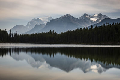 Scenic view of lake and mountains against sky