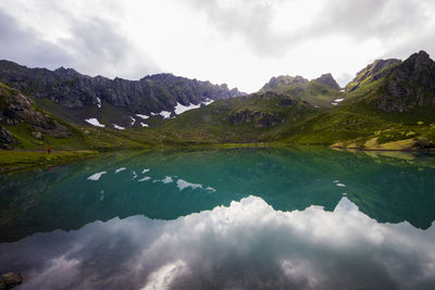 Alpine mountain lake landscape and view, blue beautiful and amazing lake panorama, wide angle 