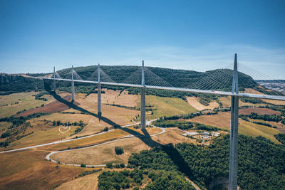 High angle view of road amidst field against sky