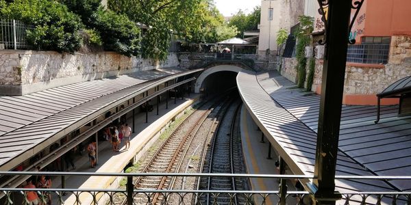 High angle view of railroad tracks amidst trees