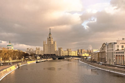 City view of the moskva river in winter.house on kotelnicheskaya embankment.tourism in russia.