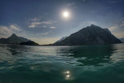 Scenic view of lake and mountains against sky