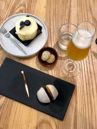 High angle view of food and drink on table