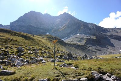 Scenic view of landscape and mountains against sky