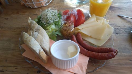 High angle view of breakfast served on table