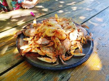 High angle view of meat in plate on table