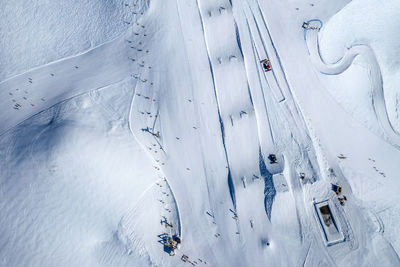 High angle view of snow covered field