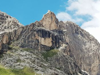 Low angle view of rocky mountains against sky