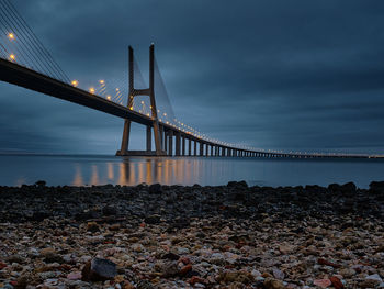 View of suspension bridge against cloudy sky