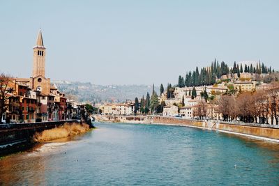 Scenic view of river with city in background