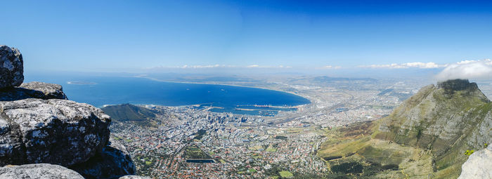 High angle view of sea and cityscape against sky