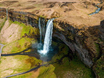 Aerial view of the seljalandsfoss - located in the south region in iceland