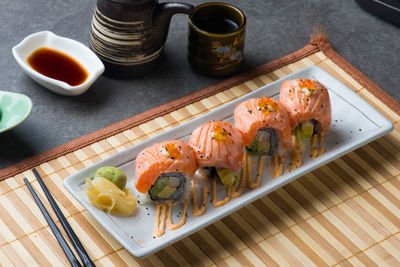 High angle view of food in plate on table