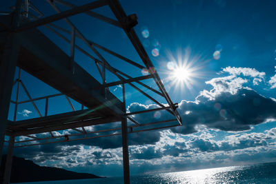 Low angle view of bright sun over sea against sky