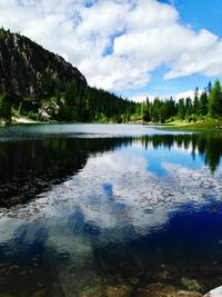 Scenic view of lake in forest against sky