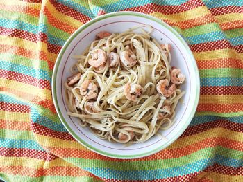 High angle view of noodles in bowl on table