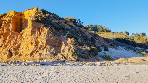Panoramic shot of rocks on land against clear blue sky