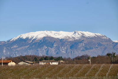 Scenic view of snowcapped mountains against clear sky