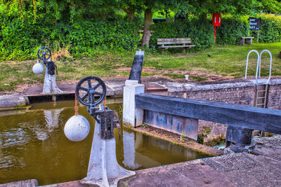 Reflection of man standing on water in park