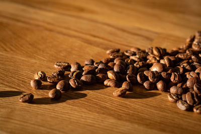 High angle view of coffee beans on table