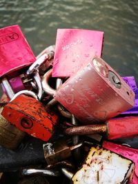 Close-up of padlocks on metal