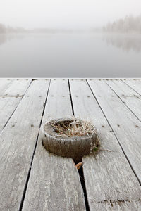 Close-up of wood on pier against lake