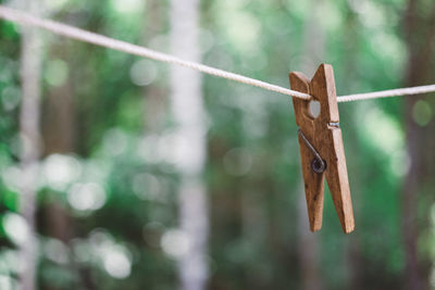 Close-up of clothespin hanging on rope