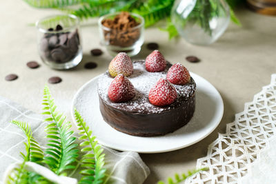 High angle view of dessert on table