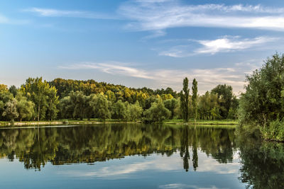 Scenic view of lake by trees against sky