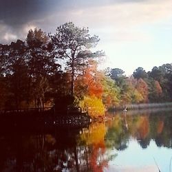 Scenic view of lake against cloudy sky