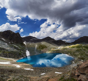 Scenic view of lake and mountains against sky